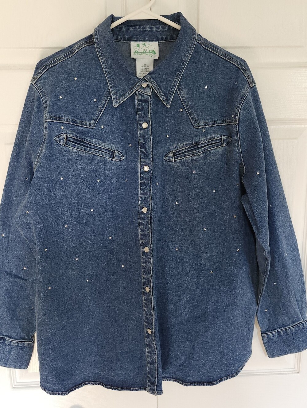 Vintage Quacker Factory Denim Rhinestone Cowgirl Western Shirt-Womens Size 1X
